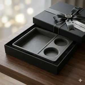 An unboxed luxury mens valet tray presented in a textured matte black gift box with a ribbon, ideal for Father's Day.