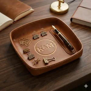 A personalized leather valet tray used as a desk organizer to hold paperclips, pens, and a luxury fountain pen in a home office setting.