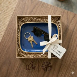 A small catch all tray neatly wrapped in eco-friendly packaging for a housewarming gift.