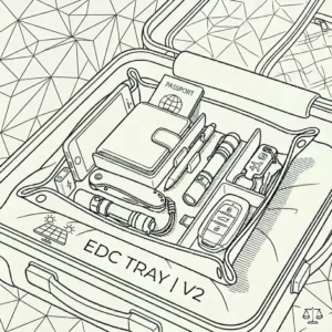 Illustration of a high-tech edc tray with a built-in wireless charging pad powering up a smartphone.