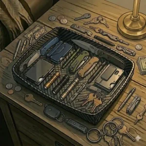 A heavy-duty tactical edc dump tray loadout featuring a multi-tool, pry bar, and paracord keychain.