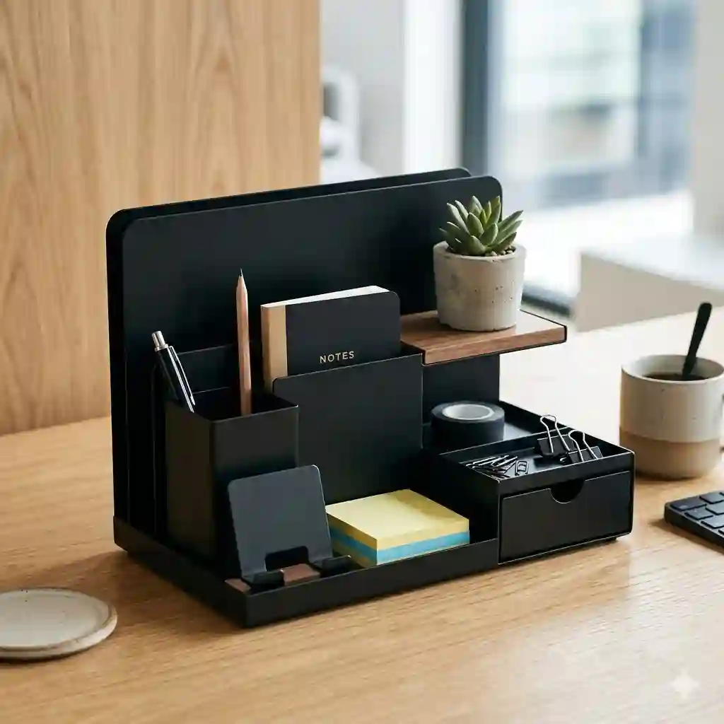 A modern black desk organizer holding office supplies on a clean, well-lit minimalist wooden workspace setup.