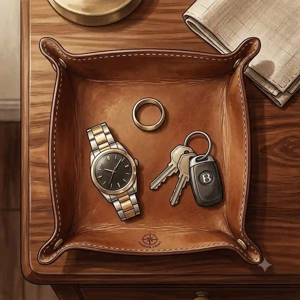 A top-down view of a handcrafted featured leather valet tray on a wooden table, organizing a vintage gold watch and keys.