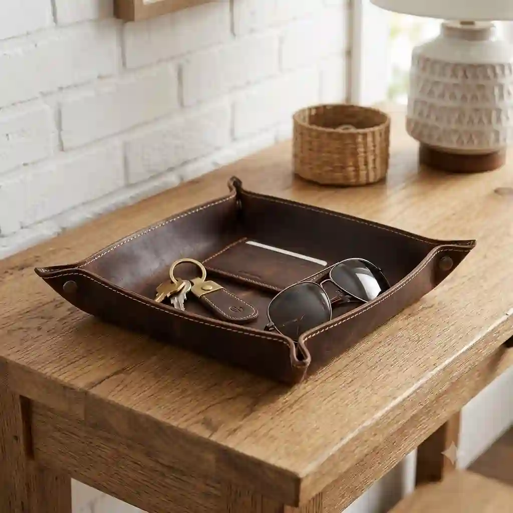A stylish brown leather tray for keys and a wallet sitting on a wooden entryway console table.