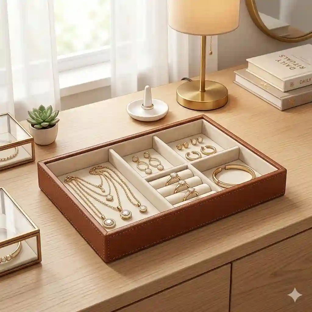 1. A luxury leather jewelry tray organizing gold rings and diamond necklaces on a modern bedroom dresser display.