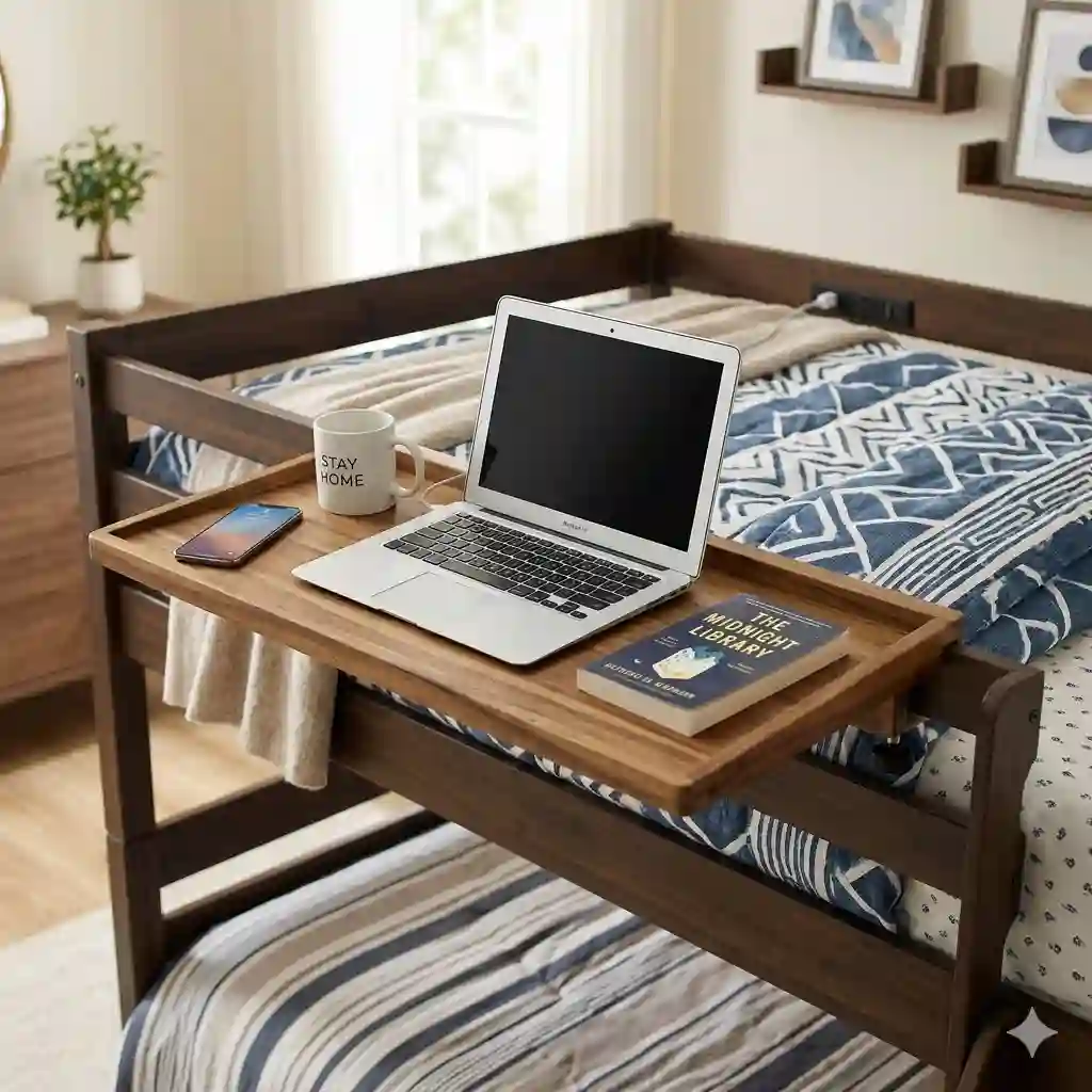 A sleek modern bunk bed tray holding a laptop, a mug, and a book attached securely to the top bunk railing.