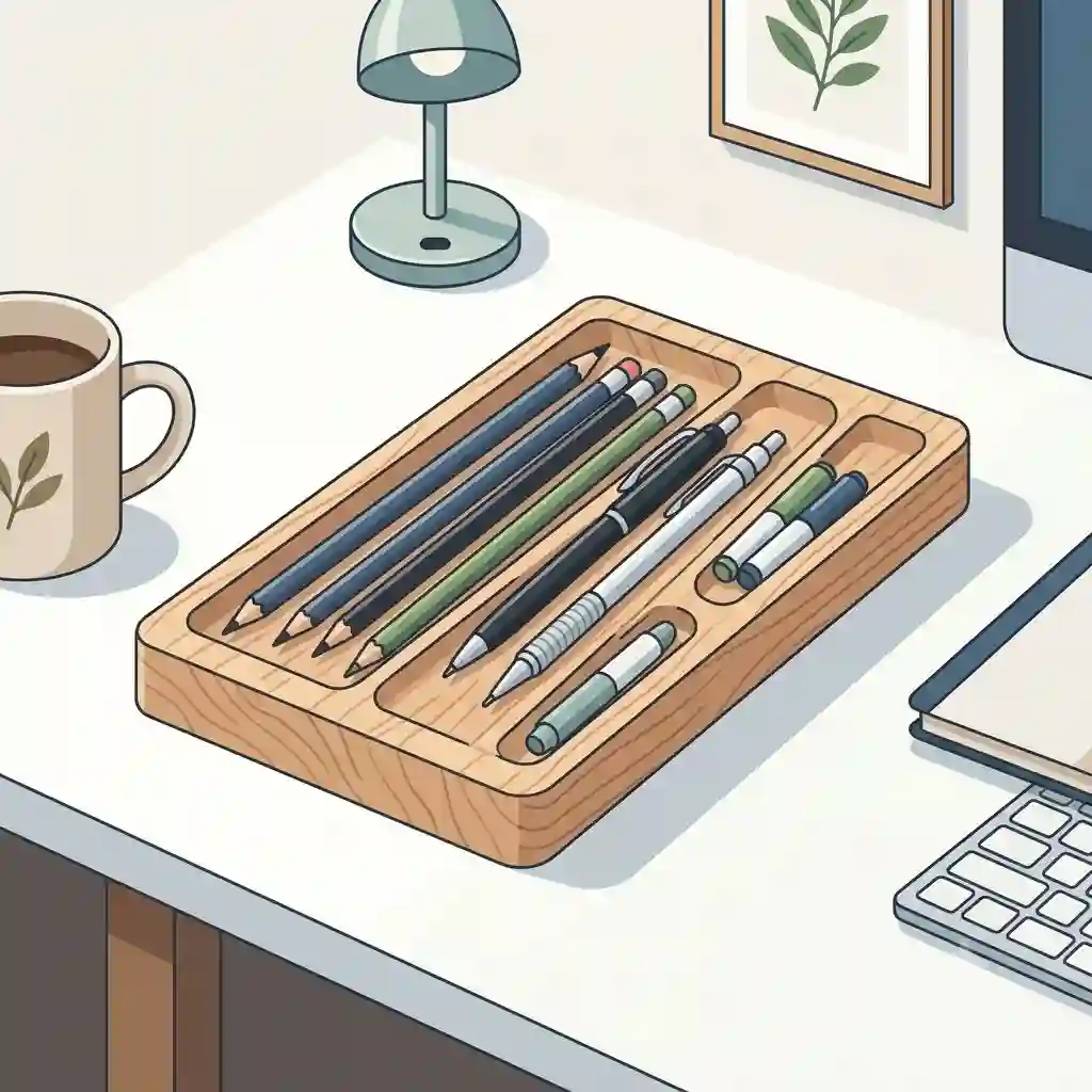 A sleek wooden pencil tray holding pens and markers on a clean, modern office desk.
