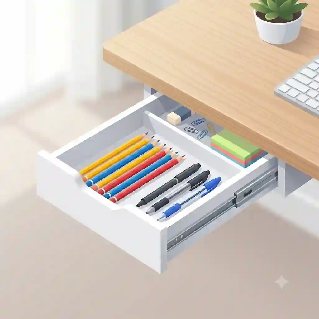 A sleek, white under-desk pencil drawer pulled open, neatly organizing pencils, pens, and office supplies.