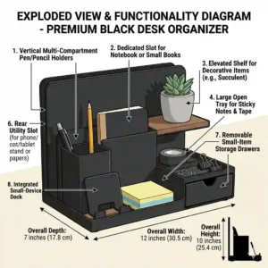 A detailed breakdown diagram of a multi-functional black desk organizer showing its various compartments, mesh drawers, and exact dimensions.