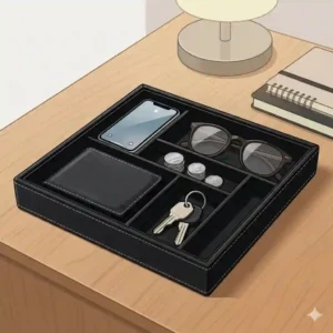 Minimalist black leather catchall tray resting on a wooden bedside table holding a smartphone, keys, and loose change.