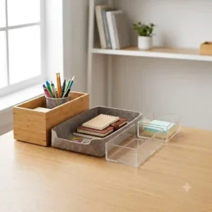 A clean, tightly reframed view focusing exclusively on a multi-material desk organizer bins setup, including a bamboo box, a gray felt tray, and clear modular dividers, holding only a few pencils and a small notepad.