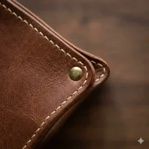 Close-up look at the premium full-grain stitching on a handmade mens leather valet tray.