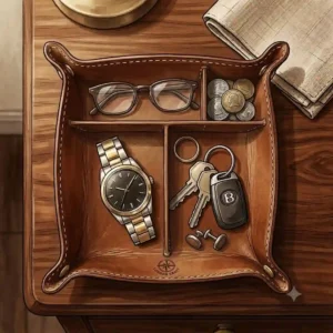 A stylish illustrated leather valet tray for mens everyday carry essentials, including a wallet, smartphone, and sunglasses.