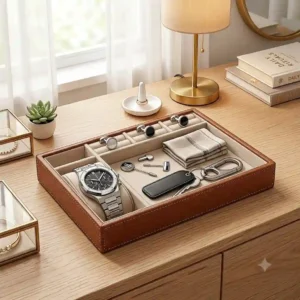 2. An elegant mens leather jewelry tray holding a luxury watch, cufflinks, and car keys on a nightstand.