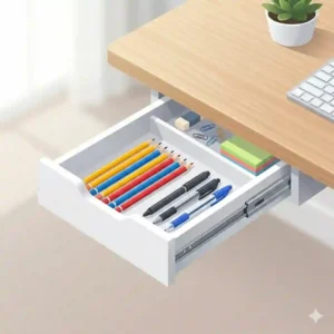 A side-by-side comparison illustration showing a cluttered desk vs a clean desk with an organized pencil drawer.