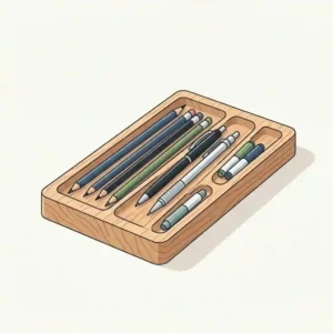 An illustration showing the exact measurements and dimensions of a standard desk pencil tray.