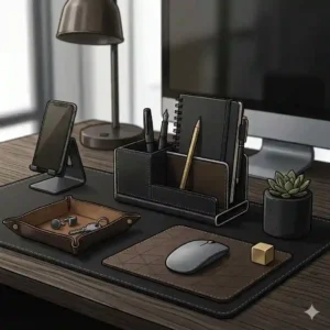 A close-up view focusing on high-end leather masculine desk accessories, including a matching brown full-grain leather desk pad with light stitching, a leather valet tray holding keys, and a circular leather pen holder.
