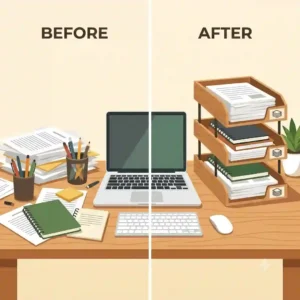 A before and after comparison illustration showing a cluttered workspace transformed by using vertical stacking trays for desk storage.