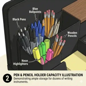 Close-up view of the vertical slots in a black desk organizer filled with colorful gel pens, highlighters, and wooden pencils.