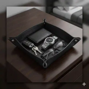 Sleek black mens leather valet tray organized with daily essentials on a modern wooden dresser.