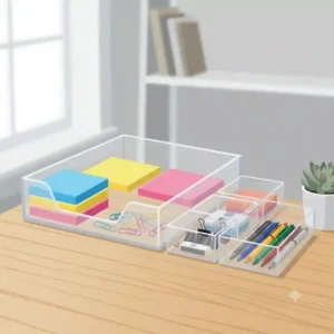 A minimalist vector illustration of clear desk organizer bins holding stylized, categorized office supplies like blue and pink notebooks, binder clips, and colorful pens on a light wood desk.