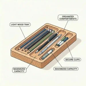 A top-down illustration of an organized desk drawer utilizing a multi-compartment pencil tray.