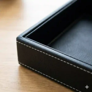Macro close-up of a genuine black leather tray showing the fine grain texture and precise perimeter white stitching.