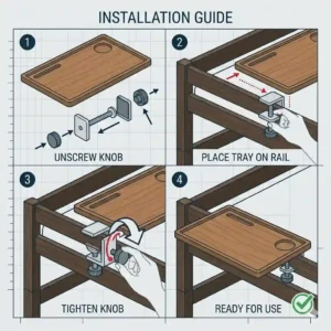 Graphic step-by-step illustration demonstrating how to securely clamp a bedside tray to a bunk bed tray frame without tools.
