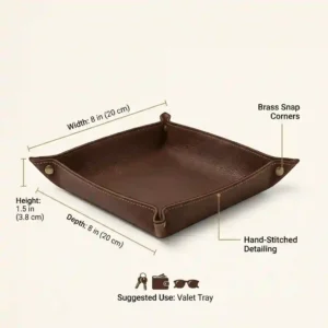 Graphic illustration showing the detailed dimensions and size measurements of a valet leather tray for keys.