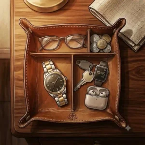 An artistic illustration of a brown leather valet tray mens nightstand catchall, holding a wedding band, a charging phone, and a reading lamp.
