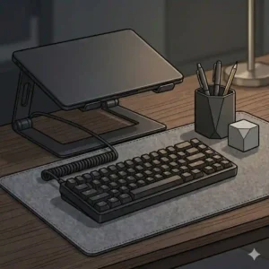A modern setup of minimalist masculine desk accessories in a matte black finish, showcasing an aluminum laptop stand, a sleek geometric pen cup, and a mechanical keyboard resting on a gray felt workspace pad.