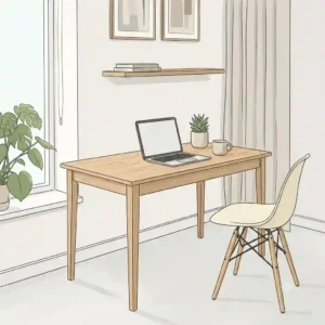 Scandinavian style home office featuring a light ash minimalist wood desk paired with a simple ergonomic chair.