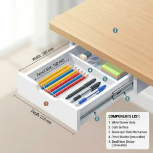 An instructional diagram showing the dimensions and sliding track mechanism of an attachable pencil drawer.