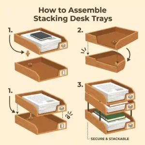 A step-by-step assembly illustration demonstrating how to securely lock modular stacking trays for desk systems together.