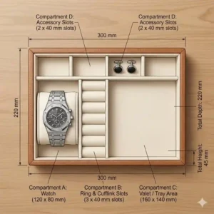 3. A top-down illustration showing the specific dimensions and compartments of a tan leather jewelry tray.