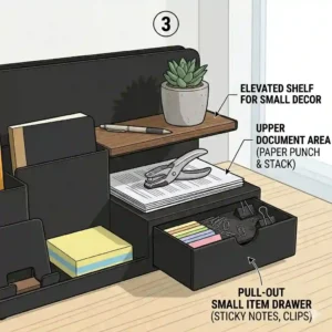 An illustration showing notebooks, folders, and incoming mail neatly stacked in the back paper tray of a metal black desk organizer.