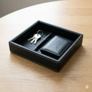 Large rectangular black leather tray styling a modern living room coffee table with a candle, a hardback book, and a small vase.