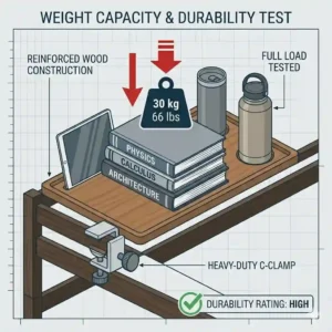 Illustration highlighting the heavy-duty weight capacity of a sturdy bunk bed tray holding heavy books and a water bottle.