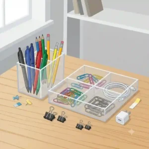 A vector illustration of multi-compartment clear acrylic desk organizer bins with distinct sections containing colorful paper clips, binder clips, USB drives, and writing tools on a wood grain surface."
