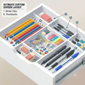 An illustration demonstrating how to mount a screw-in pencil drawer to the underside of a wooden desk.