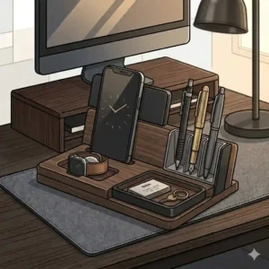 Industrial style masculine desk accessories featuring a finely grained walnut wood phone docking station reinforced with black steel accents, designed to hold a smartphone, a smartwatch, and fountain pens.