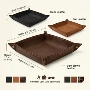 An array of small leather tray for keys options displayed in black, tan, and dark brown colors.