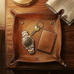 A detailed leather valet for men desk organizer holding fountain pens, a notepad, and a pair of spectacles on an executive desk.