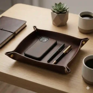 Minimalist office desk arrangement featuring a dark brown mens leather valet tray holding pens and a smartphone.