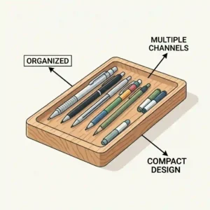 An illustrated comparison of different pencil tray materials including plastic, metal mesh, and bamboo.