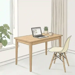 Compact minimalist wood desk styled inside a cozy apartment corner to maximize limited space.