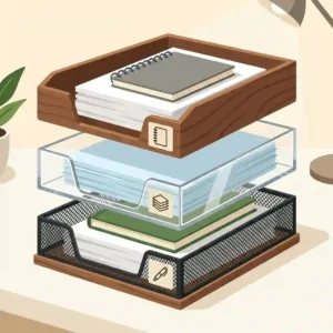 An illustration displaying various material options for stacking trays for desk use, including wood, mesh, and clear acrylic.