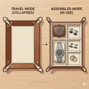 4. A flat-lay illustration of a collapsible travel leather jewelry tray with corner snaps for easy packing.