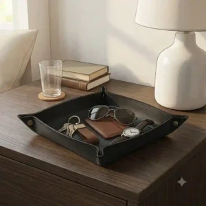A minimalist black leather tray for keys, watch, and rings placed neatly on a bedroom nightstand.