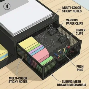 A pull-out sliding drawer of a black desk organizer storing sticky notes, paperclips, binder clips, and small office accessories.